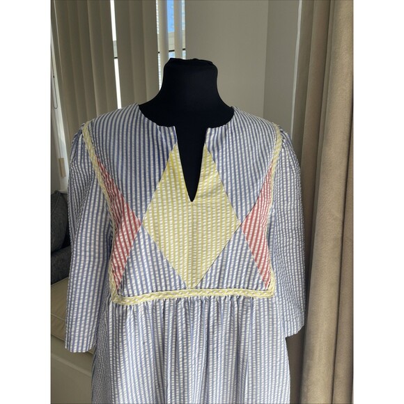 Saybury 70’s Vintage Seersucker Maxi Dress Blue Yellow Red Stripe Womens Size L - Picture 2 of 7